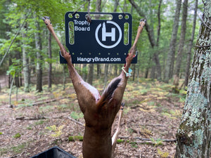 A whitetail deer hanging from a futuristic gambrel hanger that doubles as a cutting board. A trophy deer shot in the fall in Michigan.