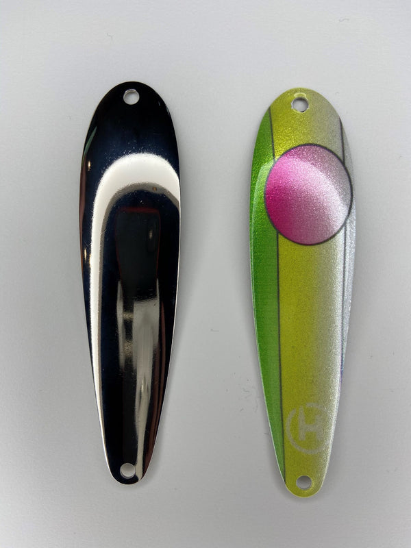 Yellow, chartreuse, green and pink fishing spoon. 