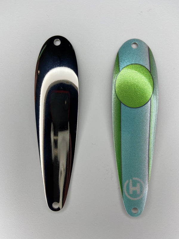 Blue, chartreuse, and green fishing spoon. 