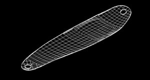 Black and white 3D rendering of an old-school fishing spoon. Three dimensional model of a trolling lure. CAD drawing of a trolling fishing spoon.