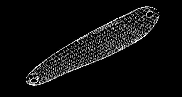 Black and white 3D rendering of an old-school fishing spoon. Three dimensional model of a trolling lure. CAD drawing of a trolling fishing spoon.